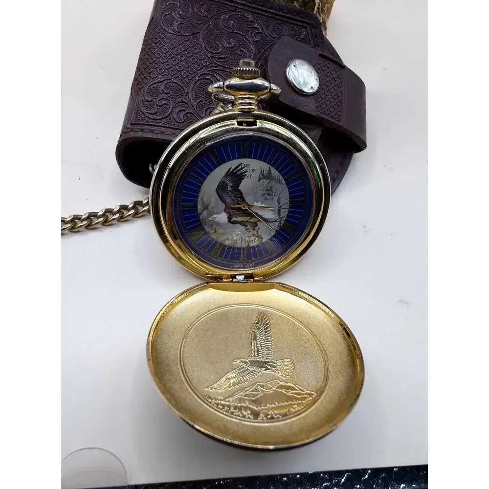 VTG Franklin Mint Bald Eagle Pocket Watch by Ted Blaylock Stand, Chain & Pouch